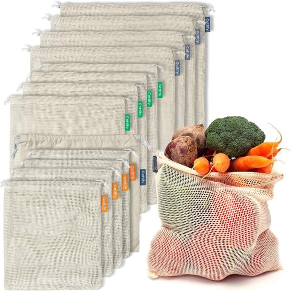 Other - 12+1 Reusable Produce Bags Grocery Washable, Organic Cotton Mesh Produce Bags, D